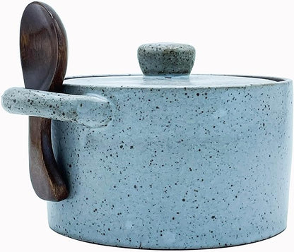 12 oz Ceramic Salt Cellar with Lid & Wooden Spoon,Countertop Salt Container,Sugar Bowl,Spices Jar| Artisan Kitchen Decor(Gray)