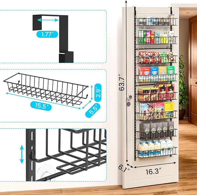 ElegantArray 8-Tier Pantry Door Oragnizer, Over The Door Pantry Organizer Rack and Storage, Hanging Spice Rack Shelves Door, Home Office Laundry Room Bathroom & Kitchen Organization Essentials Metal