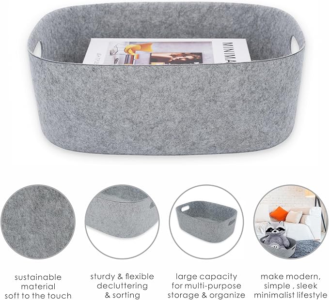 Welaxy Large Felt Storage Basket with Handles, Open Bin for Shelves, Books, Toys, Laundry & Home Organization (Gray)