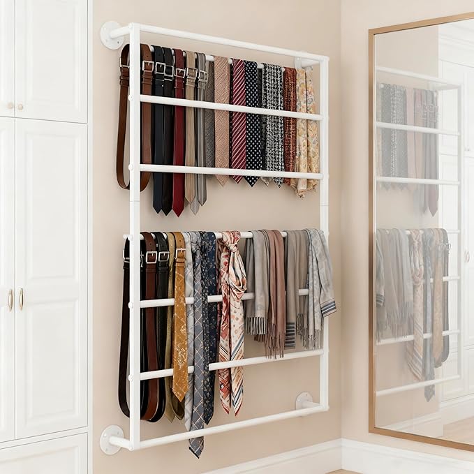 Wall Mounted Display Rack, 7-Layer Wrapping Paper Ribbon Organizer Scarves Tie & Scarf Rack Belts Towel Holder Necktie Hijab Stand Metal Shelving for Home, Retail Stores, Flower Shop
