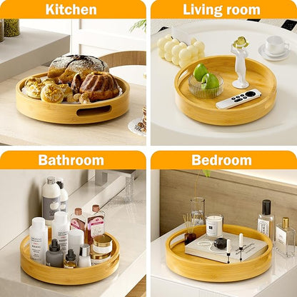 Lazy Susan Organizer Homerays 13 Inch Non-Skid Bamboo Lazy Susan for Kitchen Rotating Spice Rack with Handles, Wood Turntable for Kitchen Cabinet,Countertop (Bamboo, Large)