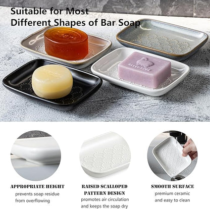 Gomakren Ceramic Soap Dish with Raised Scalloped Design, Versatile Soap Holder & Tray for Bathroom and Kitchen Sink, Prevents Soggy Soap, Modern Decor, Easy to Clean, White (5.59" x 4.02")