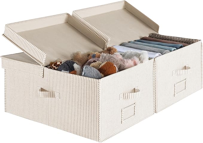 StorageWorks Extra Large Storage Bins with Lids, 55L Decorative Organizer with Divider Board, Fabric Boxes with Handles, Khaki and Beige Stripes, 2-Pack