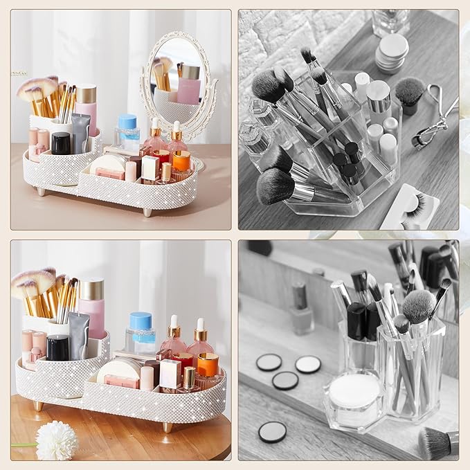 Teen Girls Mother's Day 360 Rotating Bling Makeup Organizer Gift Rhinestone Diamond Bathroom Organizer Girly Skin Care Brush Holder for Countertop, Bathroom Essentials(White,Pearl)