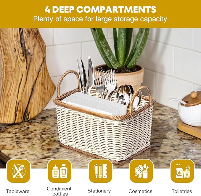 Hemoton Cutlery Storage Organizer Basket, Hand Woven Utensil Holder, Silverware, Tote Bin Basket for Kitchen Table, Cabinet, Holds Forks, Knives, Spoons, Napkins, Pens, Indoor or Outdoor Use