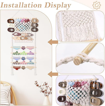 SNOWSTAR Macrame Hair Claw Clip Organizer,Large Capacity Mesh Bag Scrunchies Holder and Hair Ties Organizer for Women Girls,Hair Accessorie Hanging Storage Home Decor Wall,Door