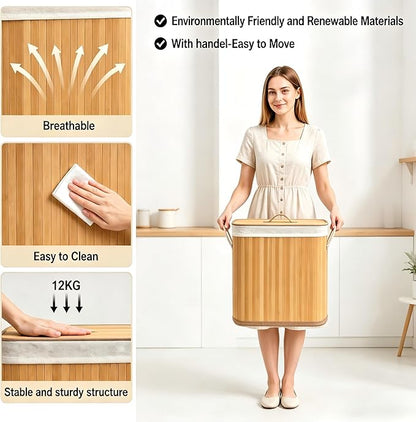 Large Bamboo Toilet Paper Basket with Lid, Holds 12 Mega Rolls, Eco-Friendly Bamboo Toilet Paper Holder, Easy to Install, Bathroom & Kitchen Storage Organizer