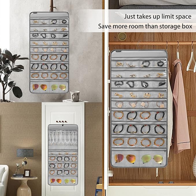 Hanging Jewelry Organizer for Holding Earrings Bracelets Rings Dual-Sided Necklace Holder with 52 Zippered Pockets and 7 Dustproof Hook Loops (GREY)