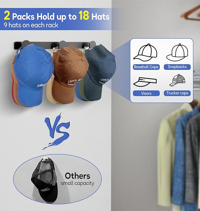 KIMBORA 2 Packs Hat Rack for Wall, Hat Organizer for Baseball Caps, 3 Mounting Options Cap Hook Hanger, Strong Snapback Holder Storage Display for Door, Room, Closet (Black)