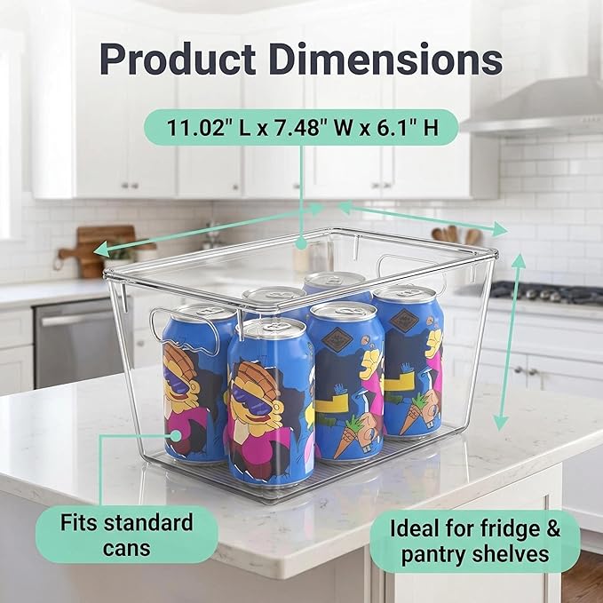 YAN & HIN 6 Pack Clear Storage Bins with Lids, Stackable Plastic Organizer Bins with Handles, Pantry Organizers and Storage for Kitchen Cabinet, Fridge, Bathroom, Closet and Shelf Organization