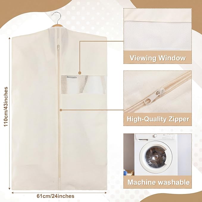 Aliceset 6 Pcs 43 Inches Cotton Garment Bags for Hanging Clothes Canvas Suit Bags for Clothes Coats Jackets Shirts Closet Storage Travel Gusseted Hanging Garment Cover