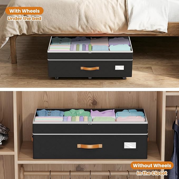 Budding Joy Under Bed Storage with Wheels 2Pack, 80L Height Adjustable Underbed Containers with Clear Lids, Rolling Under Bed Shoe Storage Organizer for Dorm Home Clothes, Blankets, Toys, Black