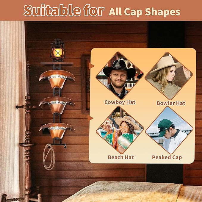 Cowboy Hat Rack for Wall, Hat Organizer for Baseball Caps, 3 Pieces Western Hats Hangers Holder with 2 Hooks, Rustic Wood Display Stand with Storage for Fedora,Sun Hats (Black)