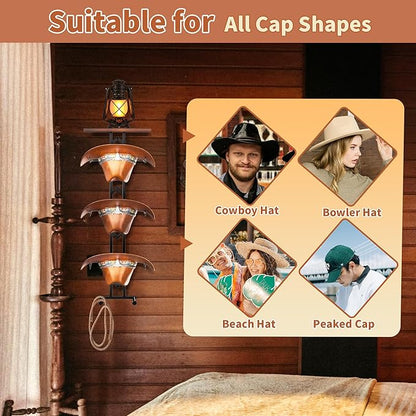 Cowboy Hat Rack for Wall, Hat Organizer for Baseball Caps, 3 Pieces Western Hats Hangers Holder with 2 Hooks, Rustic Wood Display Stand with Storage for Fedora,Sun Hats (Black)