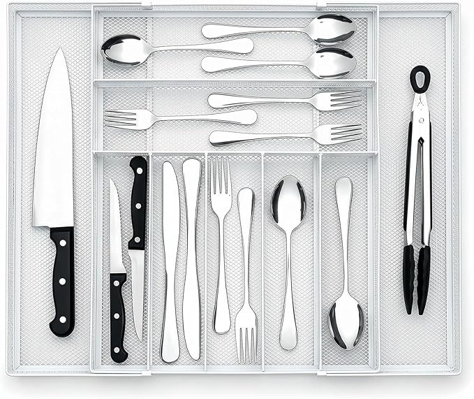 1 Pcs Utensil Drawer Silverware Organizer, Metal Mesh Expandable 13" 24" Kitchen Drawer Organizer, 7-9 Slots Cutlery Tray Dividers for Kitchen Flatware Christmas Housewarming Gift (White)