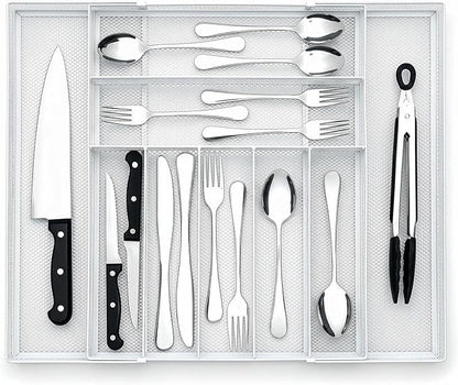 1 Pcs Utensil Drawer Silverware Organizer, Metal Mesh Expandable 13" 24" Kitchen Drawer Organizer, 7-9 Slots Cutlery Tray Dividers for Kitchen Flatware Christmas Housewarming Gift (White)