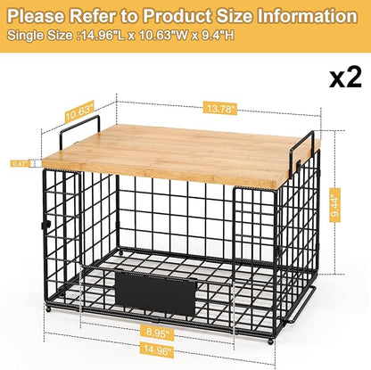 keomaisyto Pantry Organizers and Storage, 2 Set XXL Stackable Wire Baskets with Wooden Tops & Tags, Kitchen Counter Organizers Bins for Potato, Onion, Produce, Fruit, Vegetable