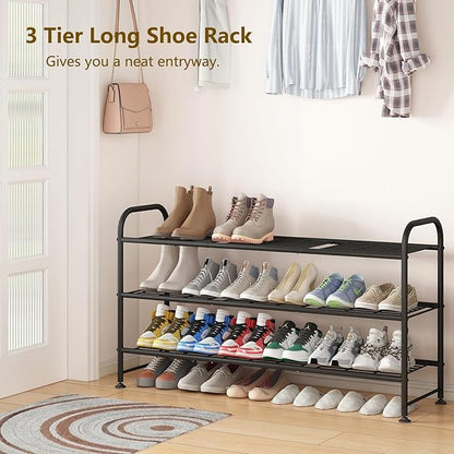 LINZINAR Shoe Rack Long 3 Tier Metal Shoe Organizer Metal Wide Shoe Shelf for Closet Entryway Bedroom Large Capacity Black