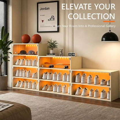 Sneaker Display Case with Lights featuring LED Intelligent Control Shoe Storage Box, Stackable LED Shoe Box Wood Shoe Display Case for Luxury Sneaker Storage (Beige 3-layer)