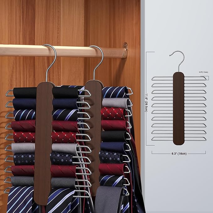 Tie Hanger 2 Pack, Rust Resistant Wooden Necktie Organizer with 360 Degree Rotation for Tie, Belt, Scarf Storage