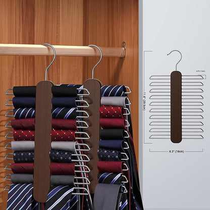 Tie Hanger 2 Pack, Rust Resistant Wooden Necktie Organizer with 360 Degree Rotation for Tie, Belt, Scarf Storage