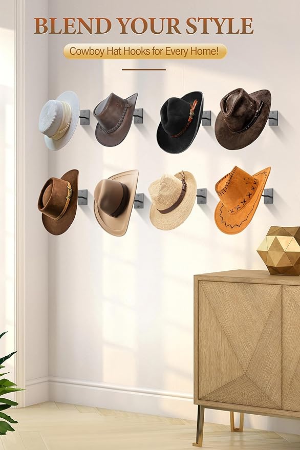 Cinati Cowboy Hat Rack for Wall, 8 Pack Cowboy Hat Holder Wall Mount, Western Rustic Metal Hats Hooks for Western-Hat, Fedora, Sun Hats,Wide Brim