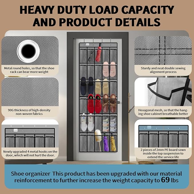 PAULONE Over the Door Organizer with 30 Large Pockets, 3 Sizes of Closet Hangers, Holds up to 69 lbs, Hanging Organizer with Clear Window for Children's Toys, Shoes, Diapers (Gray)