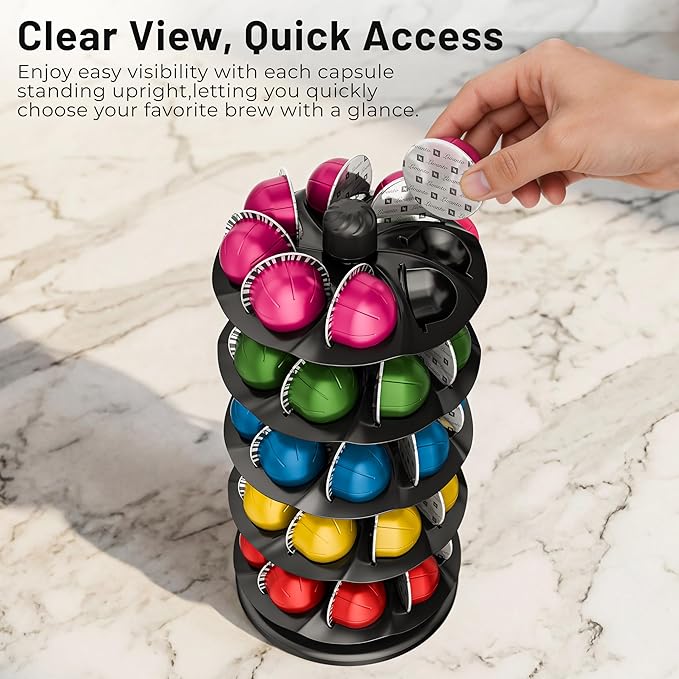 EVERIE Coffee Pod Holder for Nespresso Vertuo Capsules, 40-Pod Rotating Carousel Organizer, Space-Saving Countertop Display, Smooth Spin & Secure Upright Slots, Fits All Vertuo Sizes (Black)