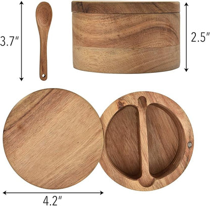 Acacia Wood Salt and Pepper Cellar with Swivel Magnetic Lid Serving Spoon inside 2-Compartment for Storing Salt,Herbs,Spices