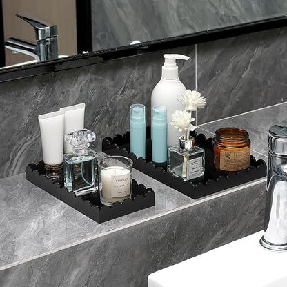 2 Pack Acrylic Bathroom Vanity Tray 7.9" and 9.6", Soap Dispenser Decorative Scalloped Tray for Bathroom Kitchen Living Room Decor Vanity Perfume, Black