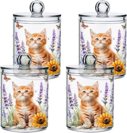 2 Pack Qtip Holder Dispenser for Cotton Ball Lavender Cat Sunflower Swab Round Pads Clear Plastic Acrylic Jar Set Bathroom Canister