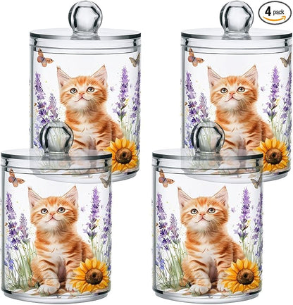 4 Pack Qtip Holder Dispenser Lavender Cat Sunflower Cotton Ball Swab Round Pads Floss Clear Bathroom Storage Containers Plastic Apothecary Jars with Lids