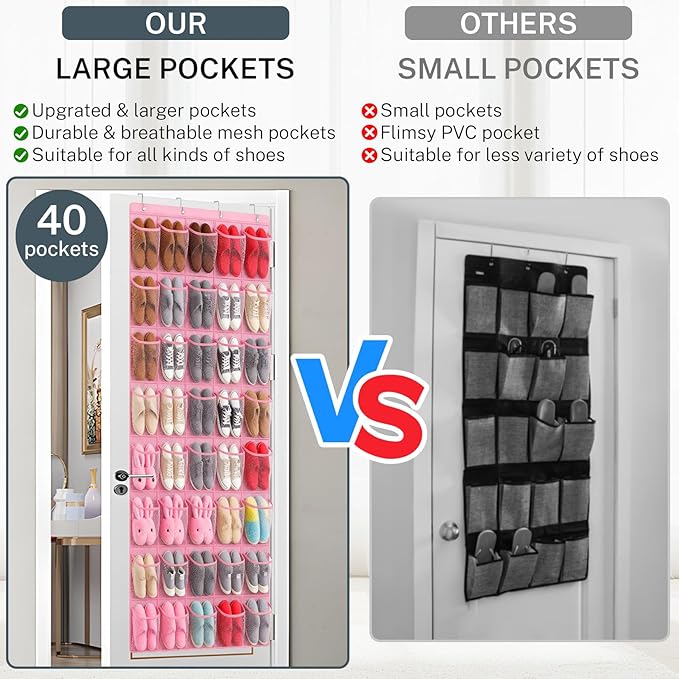 40-Pocket Over the Door Shoe Organizer - Large Mesh Pocket Hanging Shoe Organizer,Behind the Door Shoes Storage Holder Hanger (Pink)