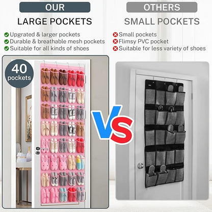 40-Pocket Over the Door Shoe Organizer - Large Mesh Pocket Hanging Shoe Organizer,Behind the Door Shoes Storage Holder Hanger (Pink)