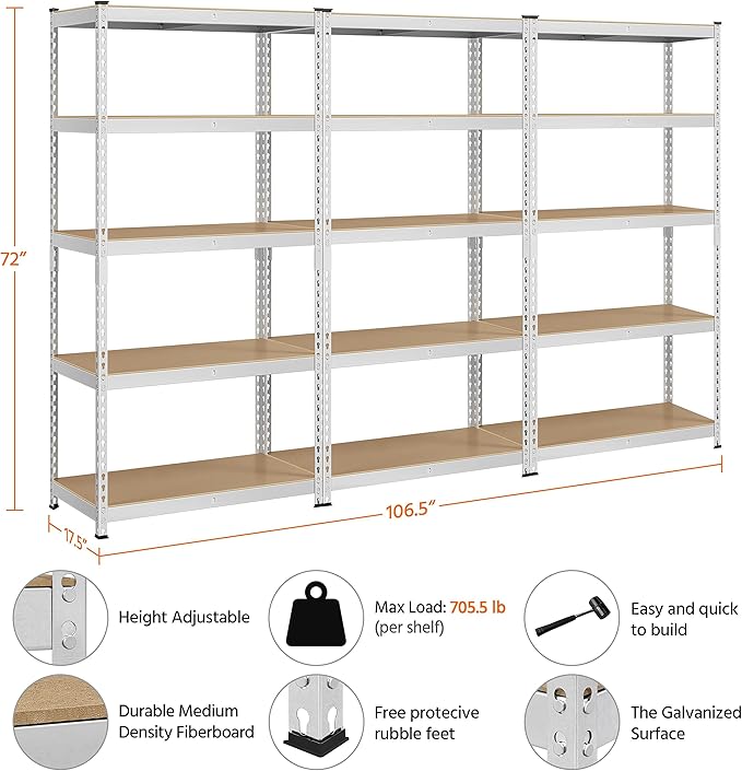 Topeakmart 3PCS 5-Tier Utility Shelves, Metal Storage Shelves Garage Shelving Unit Adjustable Garage Storage Shelves Storage Racks Heavy Duty Shed Shelving- Silver, 35.5 x 17.5 x 72 Inch
