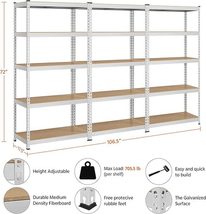 Topeakmart 3PCS 5-Tier Utility Shelves, Metal Storage Shelves Garage Shelving Unit Adjustable Garage Storage Shelves Storage Racks Heavy Duty Shed Shelving- Silver, 35.5 x 17.5 x 72 Inch