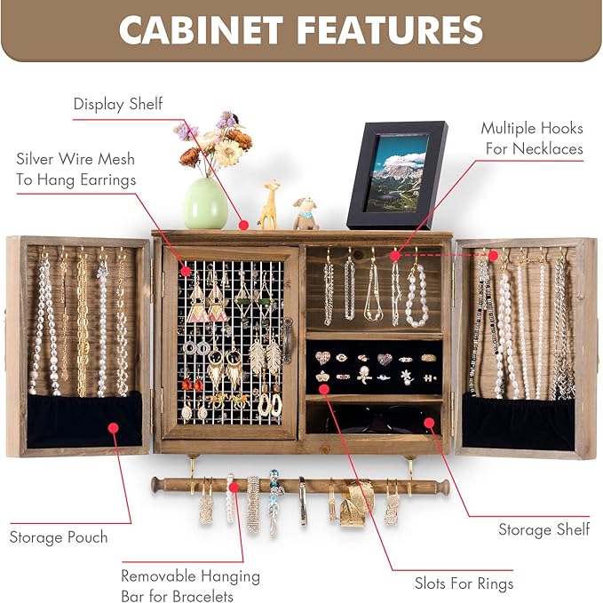 ikkle Wooden Jewelry Organizer Wall Mounted, Hanging Jewelry Holder with Removable Bracelet Rod and Hooks for Necklaces Earrings Bracelets Rings, Brown