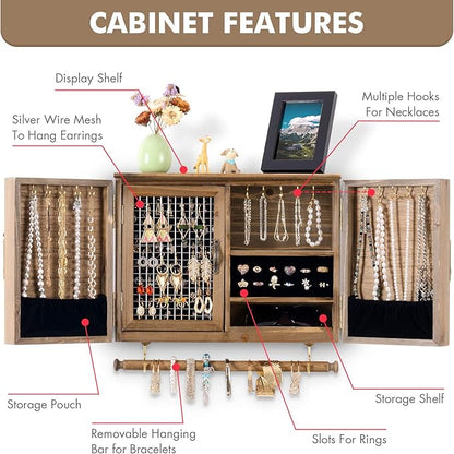ikkle Wooden Jewelry Organizer Wall Mounted, Hanging Jewelry Holder with Removable Bracelet Rod and Hooks for Necklaces Earrings Bracelets Rings, Brown