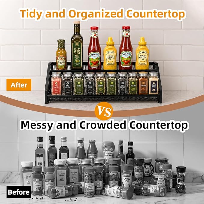 2 Tier Expandable Spice Rack Organizer for Kitchen，13.7"-23.6" Expandable Spice Organization Shelf,Metal Pantry Storage Shelves Racks,Space Saving for for Pantry, Counter top (Patent Pending)