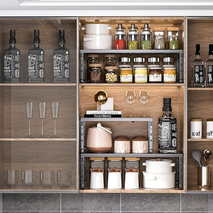 Expandable Adjustable Cabinet Shelf Organizer - Stackable Metal Spice Rack for Kitchen Pantry, Countertop, Cupboard & Bathroom (1Pack/Black,Large)