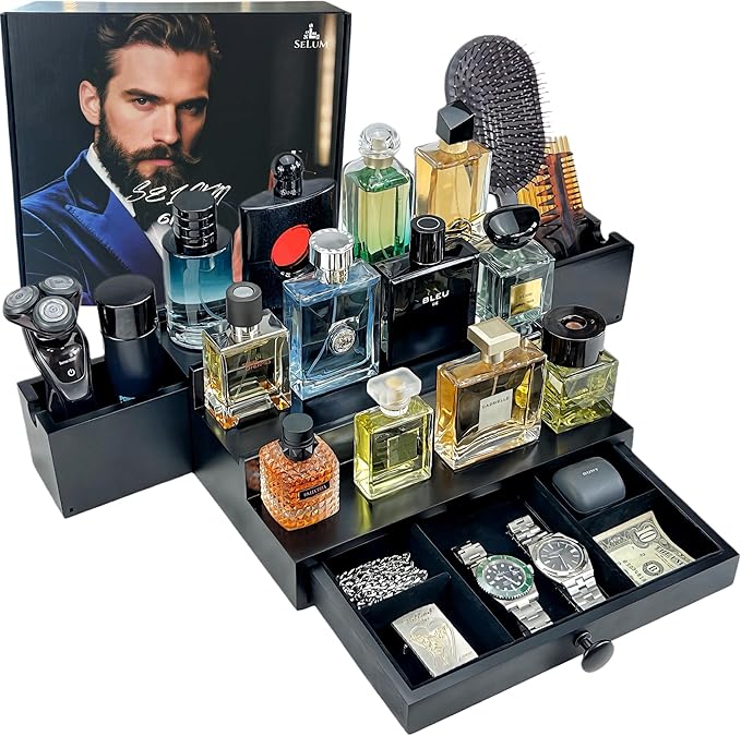 Wooden Cologne Organizer for Men 3 Tier | Black Perfume Holder Shelf for Dresser | High Grade Velvet Lining and Stylish Gift Box | Uncluttered Design Perfume Display Stand