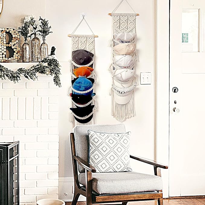 jontell Boho Baseball Cap Hanger-1 Pack-Macrame Hat Organizer for Ball Caps Holder Over Door, Hat Rack for Wall, Cap Rack for Decoration and Display, Boho Handmade Cap Display