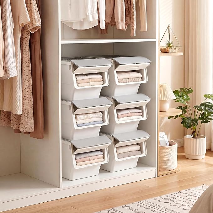 Giantex Plastic Stackable Storage Bins with Lids & Wheels, 6 Pack Open Front Stacking Bins, Organizer Bins for Pantry, Kitchen, Laundry, Closet, Playroom, Bedroom Organization （12.5 QT）