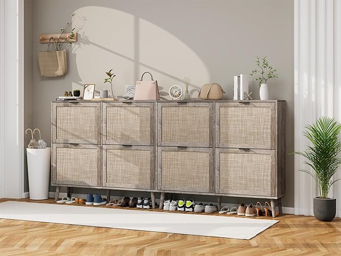 ZeHuoGe Rattan Shoe Cabinet with 4 Flip Drawers, Narrow Hidden Shoe Rack Rattan Storage Cabinet for Entryway, Large Shoe Organizer, Entrance Hallway (Dark Rustic Oak)