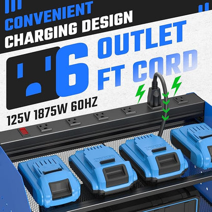 ZESEN Power Tool Organizer with Charging Station, Heavy Duty 4 Layer Drill Holder Wall Mount Garage Shelf Rack with 6 Outlet Power Strip, Tool Shelf with Hooks, Drill Bit Rack for Garage, Blue