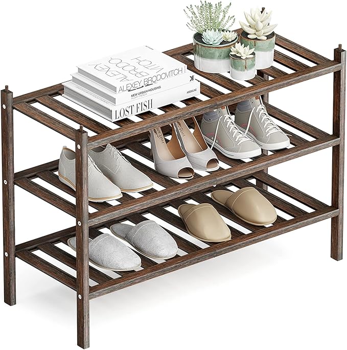 Dranixly Shoe Rack, 3-Tier Bamboo Stackable Shelf Storage Organizer, Stand for Closet, Entryway, Hallway, Bathroom and Living Room（Mocha）