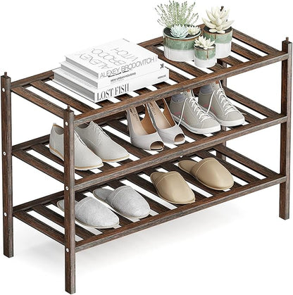 Dranixly Shoe Rack, 3-Tier Bamboo Stackable Shelf Storage Organizer, Stand for Closet, Entryway, Hallway, Bathroom and Living Room（Mocha）