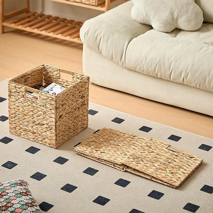 Handwoven Water Hyacinth Storage Baskets set of 4 Foldable Cube Bins Storage Oragnizer for Cabinet Shelf Bedroom Living Room (Natural, 13" L x 13" W x 13" H)