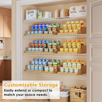2-Pack Expandable Bamboo Can Rack Organizer for Pantry Display, 3-Tier Adjustable Can Storage Holder, Soda & Canned Food Organizer for Cabinets & Countertops, Holds Up to 48 Cans (Patent Pending)