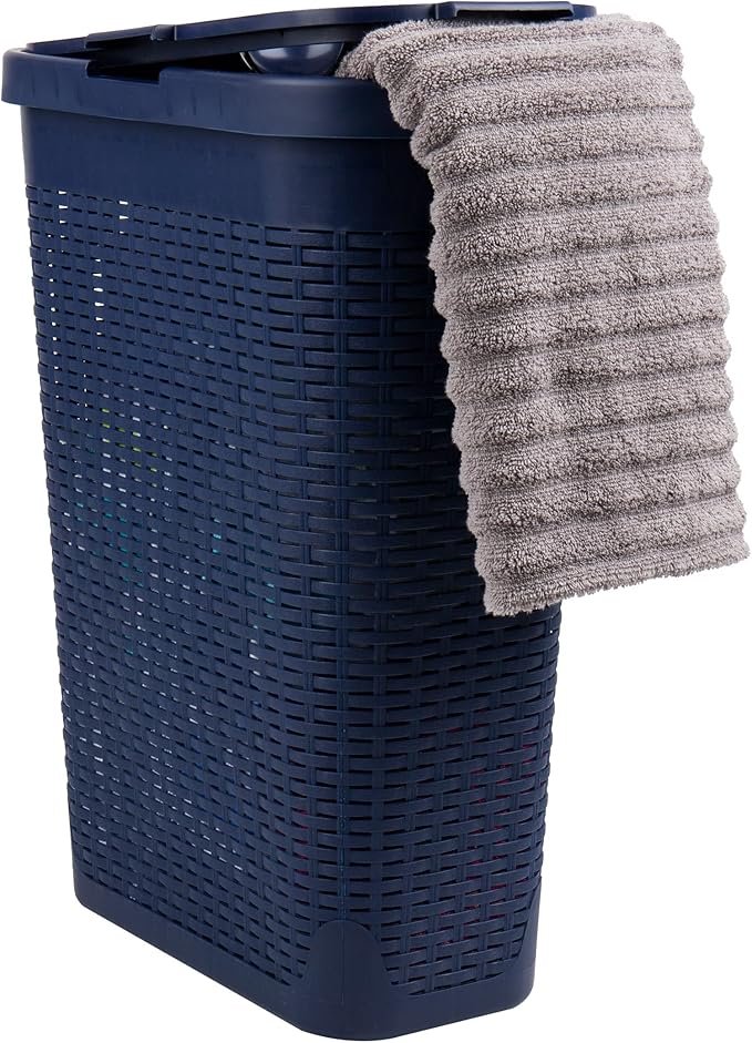 Mind Reader Slim Laundry Hamper with Lid, 40L Clothes Basket, Narrow Tapered Design with Ventilated Cutout Pattern, Plastic, Navy
